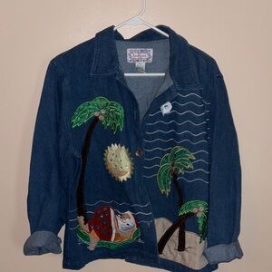 Embroidered Denim Jacket with Palm Tree Design